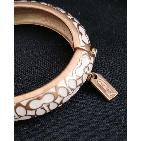 VTG Coach Cream/Gold C Logo Enamel Snap Clasp Bangle Bracelet Logo Charm Dustbag - Picture 3 of 10